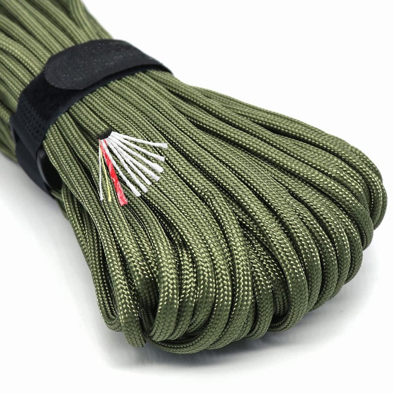 PSKOOK Survival Paracord Rope PSKOOK 100 Feet Fire Starter Parachute Cord 7-Strand Nylon with Red Tinder Cord PE Fishing Line Cotton Thread for Outdoor Lanyards, Bracelets, Handle Wraps (Army Green) - Image 1